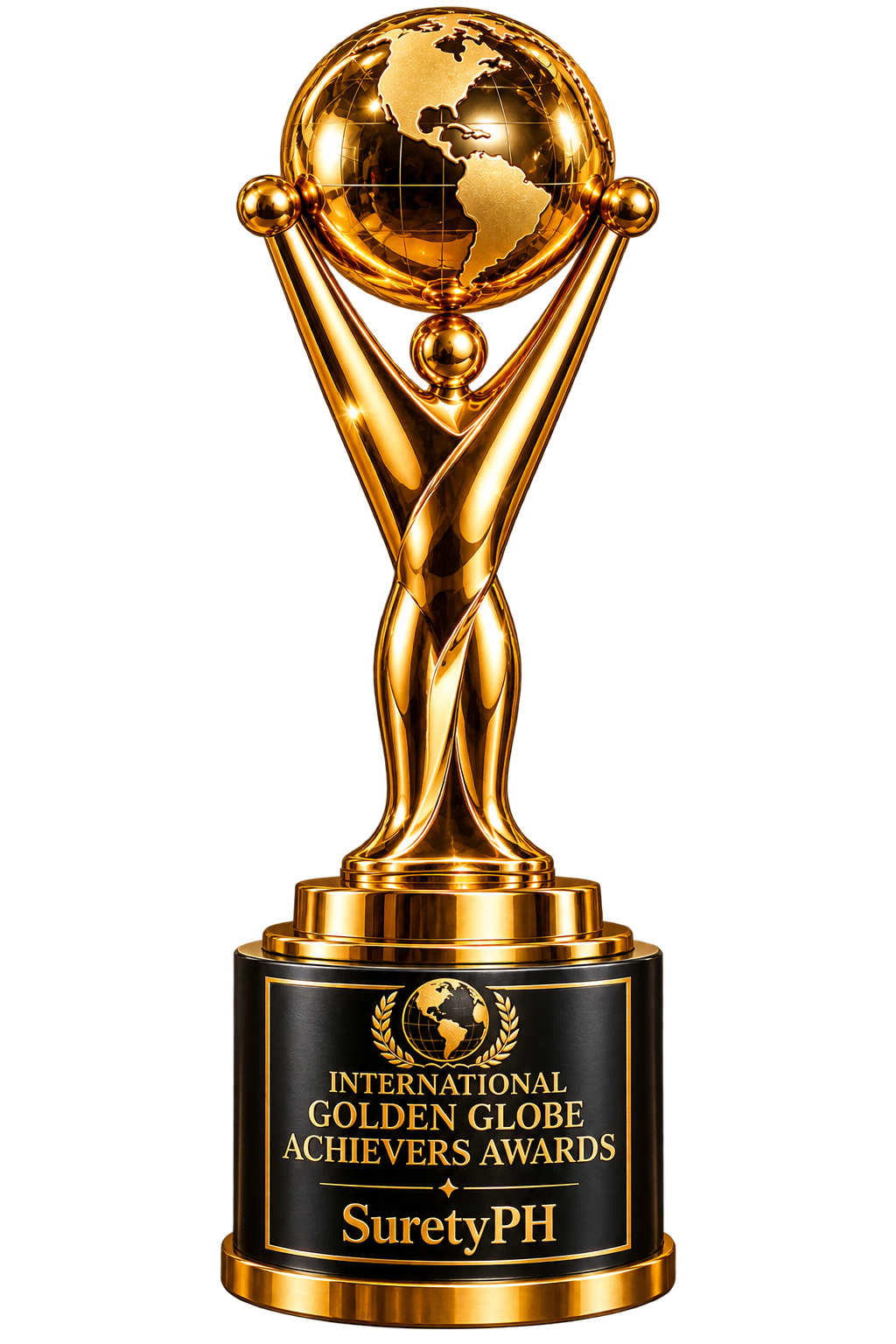 International Golden Globe Achievers Awards trophy recognizing SuretyPH for Outstanding Achievement in Digital Platform Development